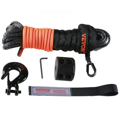 Synthetic Winch Rope, 6.35 mm x 15.24 m 4,536 kg Synthetic Winch Line Cable Rope with Protective Sleeve + Stopper + Forged Winch Hook + Pull Strap, Fit for ATV, UTV, Small Vehicle, Pickup