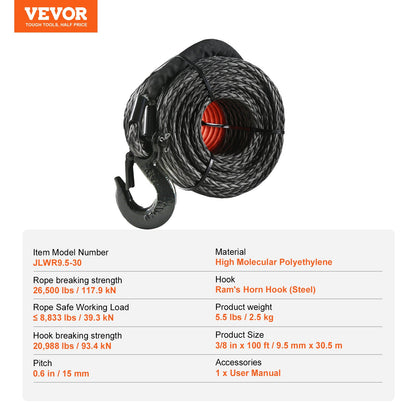 Syntetiskt vinschlina, 9,5 mm x 30,48 m 12 020 kg syntetisk vinschlina med skyddshylsa + smidd vinschkrok + dragrem, universell passform för SUV, stort terrängfordon, lastbil