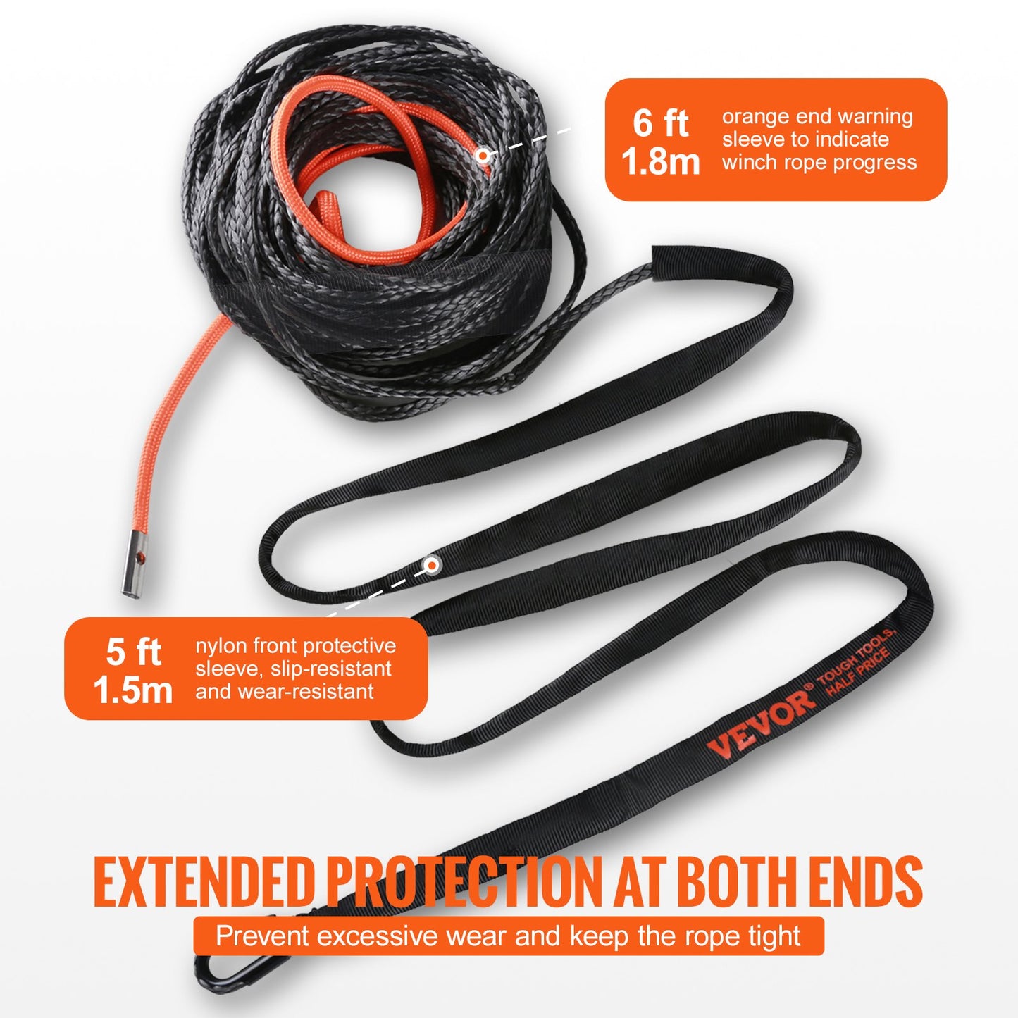 Synthetic Winch Rope, 9.5 mm x 25.91 m 12,020 kg Synthetic Winch Line Cable Rope with Protective Sleeve + Forged Winch Hook + Pull Strap, Universal Fit for SUV, Large Off-Road Vehicle, Truck
