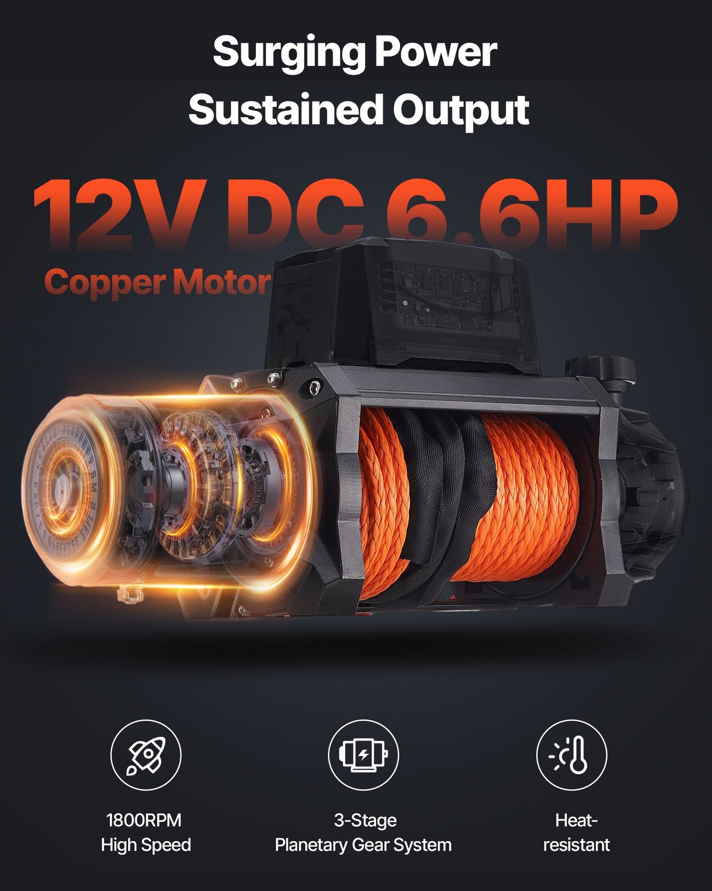 Elektrisk vinsch, 5400 kg lastkapacitet, 12V DC lastbilsvinsch med Φ9,5 mm x 28 m syntetiskt rep, trådlös och trådbunden fjärrkontroll, IP67 vattentät för bogsering av terränggående SUV, jeep, släpvagn, båt