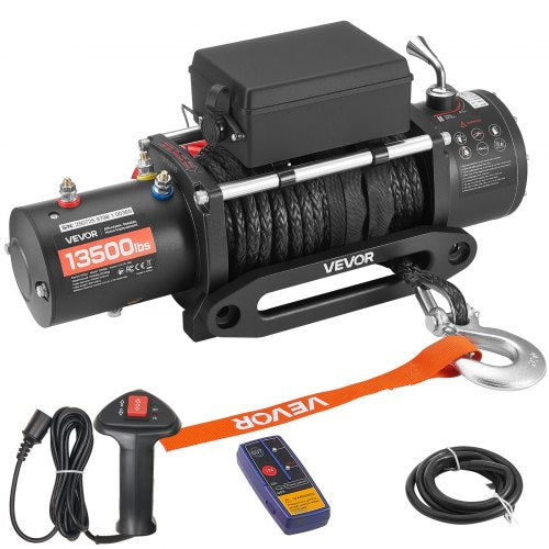 Elektrisk vinsch, 6100 kg lastkapacitet, 12V DC lastbilsvinsch med Φ9,5 mm x 26 m syntetiskt rep, trådlös och trådbunden fjärrkontroll, IP55 vattentät för bogsering av terränggående SUV, jeep, släpvagn, båt