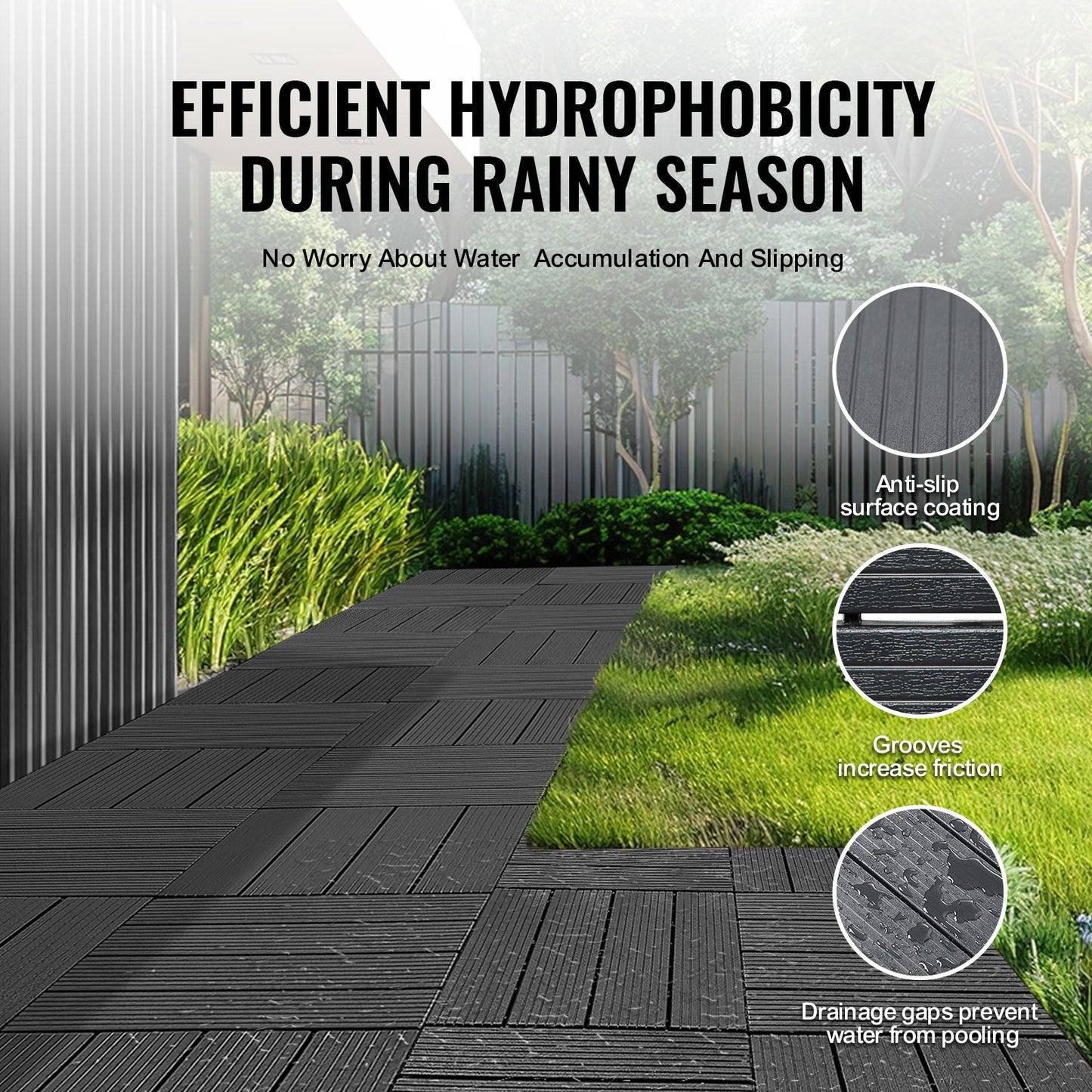 Sammankopplade altanplattor, 10-pack, 30x30 cm, 9 kvm, vattentät plast för utomhusbruk, allvädersbruk, altanplattor för veranda, pool, balkong, bakgård, mörkgrå