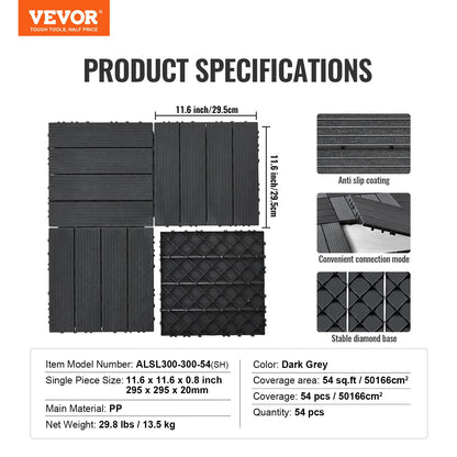 Sammankopplade altanplattor, 54-pack, 30x30 cm, 54 kvm, vattentäta utomhusgolv av plast för alla väder, altangolv, täckplattor för veranda, pool, balkong, bakgård, mörkgrå
