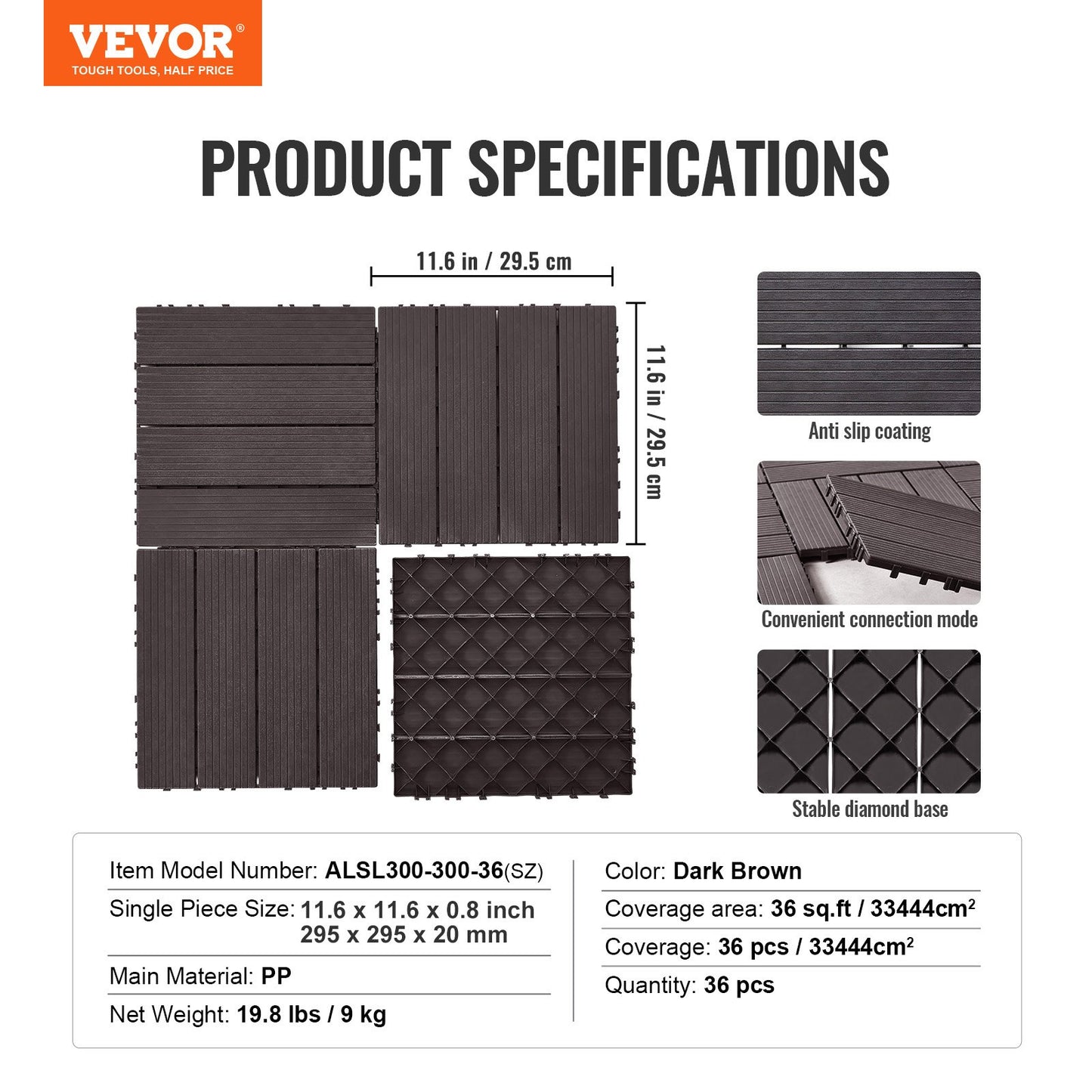 Sammankopplade altanplattor, 36-pack, 28,5 cm x 28,5 cm, 36 kvm, vattentät plast för utomhusbruk, allvädersbruk, altanplattor för veranda, pool, balkong, bakgård, mörkbruna