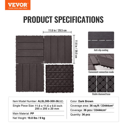 Sammankopplade altanplattor, 36-pack, 28,5 cm x 28,5 cm, 36 kvm, vattentät plast för utomhusbruk, allvädersbruk, altanplattor för veranda, pool, balkong, bakgård, mörkbruna
