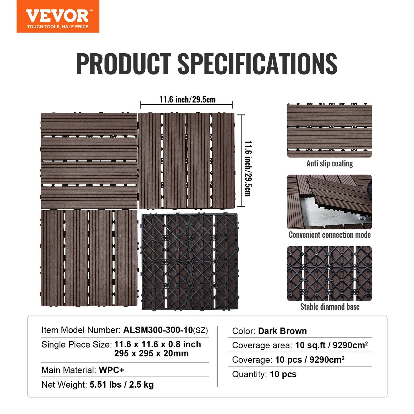 Sammankopplande altanplattor av plast, trä, 10-pack, 30x30 cm, 9 kvm, vattentät utomhusgolv, väderbeständig, altanplattor för veranda, pool, balkong, bakgård, mörkbrun