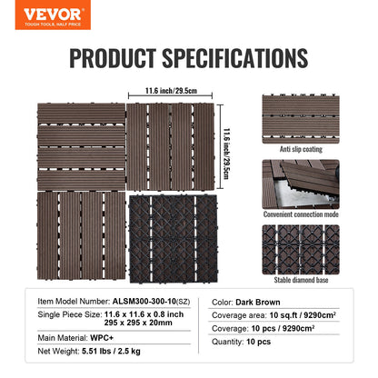 Sammankopplande altanplattor av plast, trä, 10-pack, 30x30 cm, 9 kvm, vattentät utomhusgolv, väderbeständig, altanplattor för veranda, pool, balkong, bakgård, mörkbrun