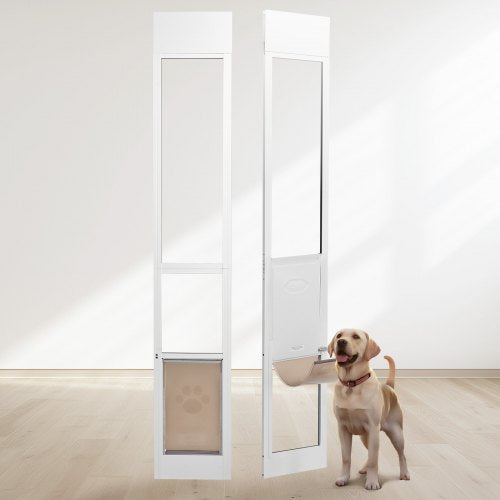 Hundlucka för skjutdörr i glas, 75 7/8"-80 11/16" justerbar höjd för hundar i skjutdörrar, husdjursdörr i aluminiumram, härdat glas med gångjärnsstruktur, klaff och lås för medelstora hundar