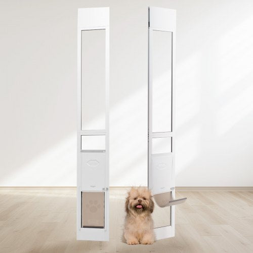 Hundlucka för skjutdörr i glas, 75 7/8"-80 11/16" justerbar höjd för hundar i skjutdörrar, husdjursdörr i aluminiumram, härdat glas med gångjärnsstruktur, klaff och lås för små hundar