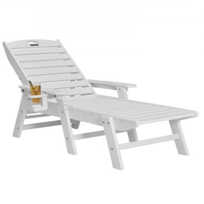 Schäslongfåtölj, 181 kg viktkapacitet, 6 positioner justerbar uteplatsloungestol, utomhus HDPE-loungestol med ryggstöd och mugghållare, för pool, pooldäck, bakgård, gräsmatta, vit
