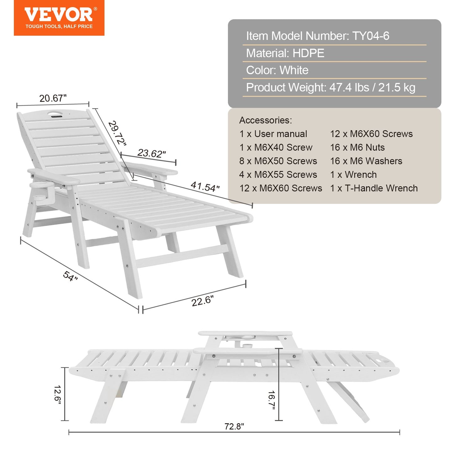 Schäslongfåtölj, 181 kg viktkapacitet, 6 positioner justerbar uteplatsloungestol, utomhus HDPE-loungestol med ryggstöd och mugghållare, för pool, pooldäck, bakgård, gräsmatta, vit