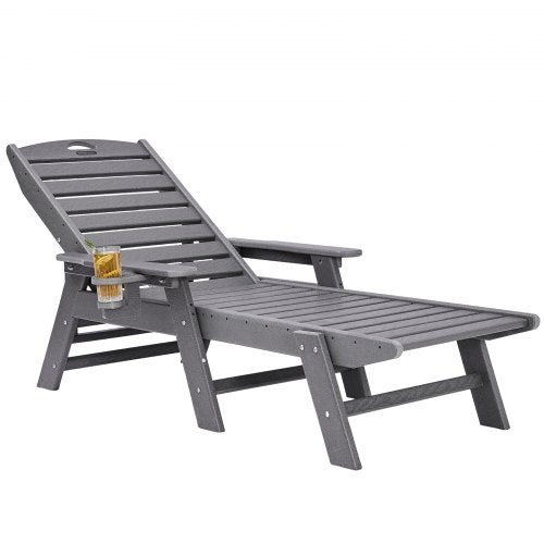 Schäslongfåtölj, 181 kg viktkapacitet, 6 positioner justerbar uteplatsloungestol, utomhus HDPE-loungestol med ryggstöd och mugghållare, för pool, pooldäck, bakgård, gräsmatta, grå