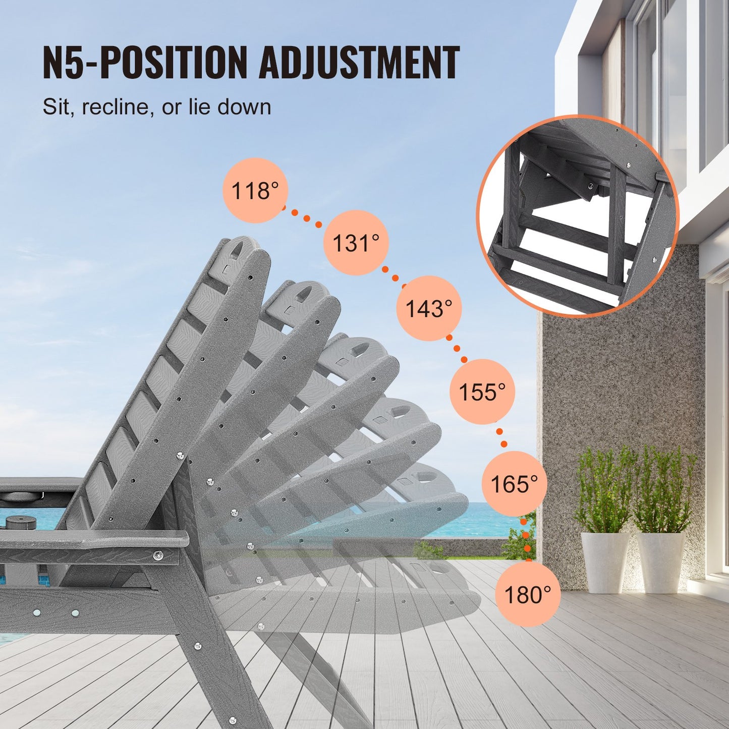 Schäslongfåtölj, 181 kg viktkapacitet, 6 positioner justerbar uteplatsloungestol, utomhus HDPE-loungestol med ryggstöd och mugghållare, för pool, pooldäck, bakgård, gräsmatta, grå