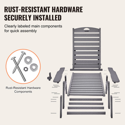Schäslongfåtölj, 181 kg viktkapacitet, 6 positioner justerbar uteplatsloungestol, utomhus HDPE-loungestol med ryggstöd och mugghållare, för pool, pooldäck, bakgård, gräsmatta, grå