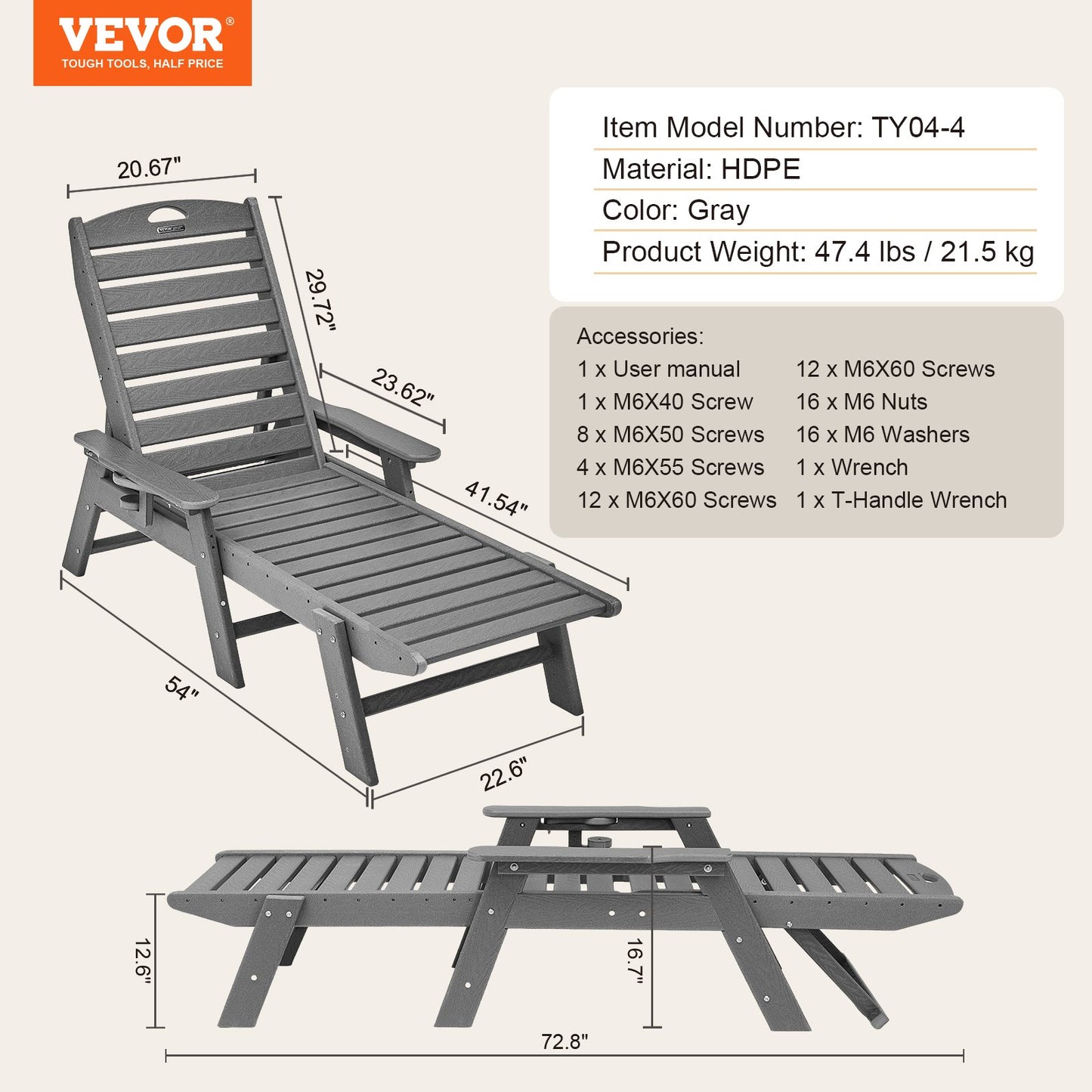 Schäslongfåtölj, 181 kg viktkapacitet, 6 positioner justerbar uteplatsloungestol, utomhus HDPE-loungestol med ryggstöd och mugghållare, för pool, pooldäck, bakgård, gräsmatta, grå