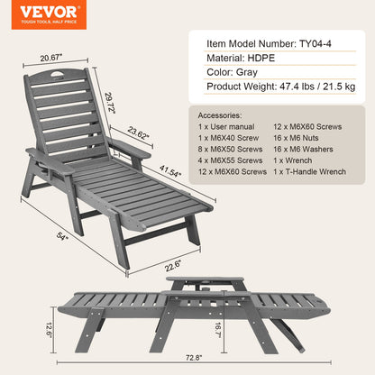 Schäslongfåtölj, 181 kg viktkapacitet, 6 positioner justerbar uteplatsloungestol, utomhus HDPE-loungestol med ryggstöd och mugghållare, för pool, pooldäck, bakgård, gräsmatta, grå