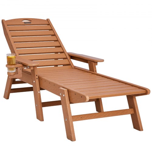 Schäslongfåtölj, 181 kg viktkapacitet, 6 positioner justerbar uteplatsloungestol, utomhus HDPE-loungestol med ryggstöd och mugghållare, för pool, pooldäck, bakgård, gräsmatta, brun