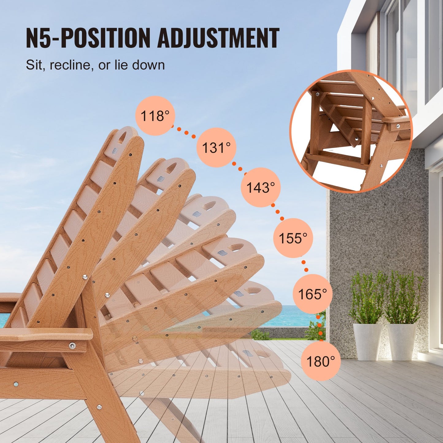 Schäslongfåtölj, 181 kg viktkapacitet, 6 positioner justerbar uteplatsloungestol, utomhus HDPE-loungestol med ryggstöd och mugghållare, för pool, pooldäck, bakgård, gräsmatta, brun
