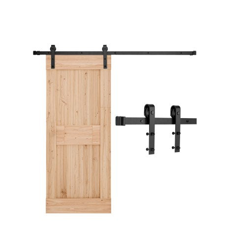6,6 fot skjutdörrssats för ladugårdsdörrar, viktkapacitet 147 kg, kompatibel med 91-102 cm bredd och 4,5 till 4,5 cm tjocklek, enkel skjutdörr för ladugårdsdörrar, hållbar skena och J-formad rulle, svart