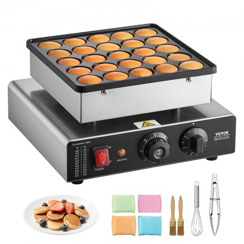 Mini pannkaksjärn, 25 st 43 mm diameter holländsk muffinsvåffeljärn, non-stick poffertjesgrill i rostfritt stål, kommersiell elektrisk dorayakimaskin, temperatur- och tidskontroll, hemmakök och restaurang