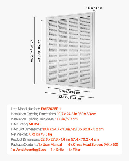 Galler för frånluftsfilter, passar kanalöppning B20 x H25 tum, filter ingår, skydd för frånluftsventilation för vägg, pulverlackerat stålgaller för frånluft, avtagbar framsida/dörr för 2,5 cm filter