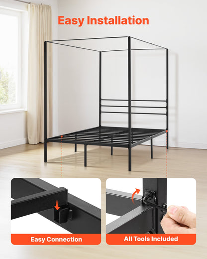 Fullstor himmelssängram, metallhimmelsäng med himmelssängdesign, kraftiga stållameller, förvaringsutrymme under sängen, ingen boxmadrass behövs, enkel montering, svart