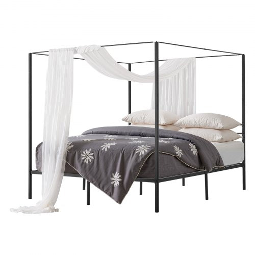 King size-himmelsängsram, metallhimmelsäng med himmelssängdesign, kraftiga stållameller, förvaringsutrymme under sängen, ingen boxmadrass behövs, enkel montering, svart