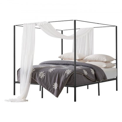 King size-himmelsängsram, metallhimmelsäng med himmelssängdesign, kraftiga stållameller, förvaringsutrymme under sängen, ingen boxmadrass behövs, enkel montering, svart