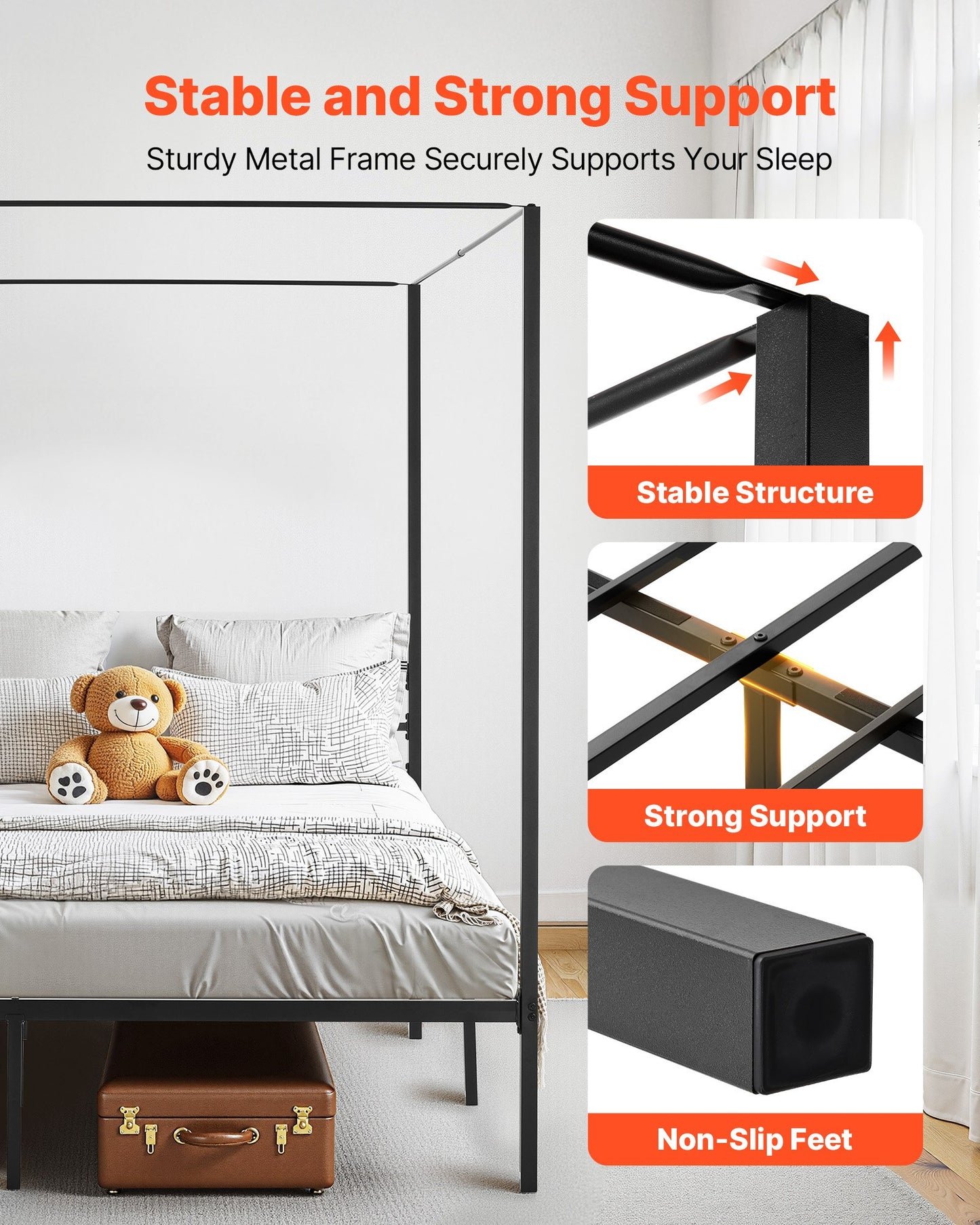 King size-himmelsängsram, metallhimmelsäng med himmelssängdesign, kraftiga stållameller, förvaringsutrymme under sängen, ingen boxmadrass behövs, enkel montering, svart