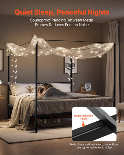 King size-himmelsängsram, metallhimmelsäng med himmelssängdesign, kraftiga stållameller, förvaringsutrymme under sängen, ingen boxmadrass behövs, enkel montering, svart