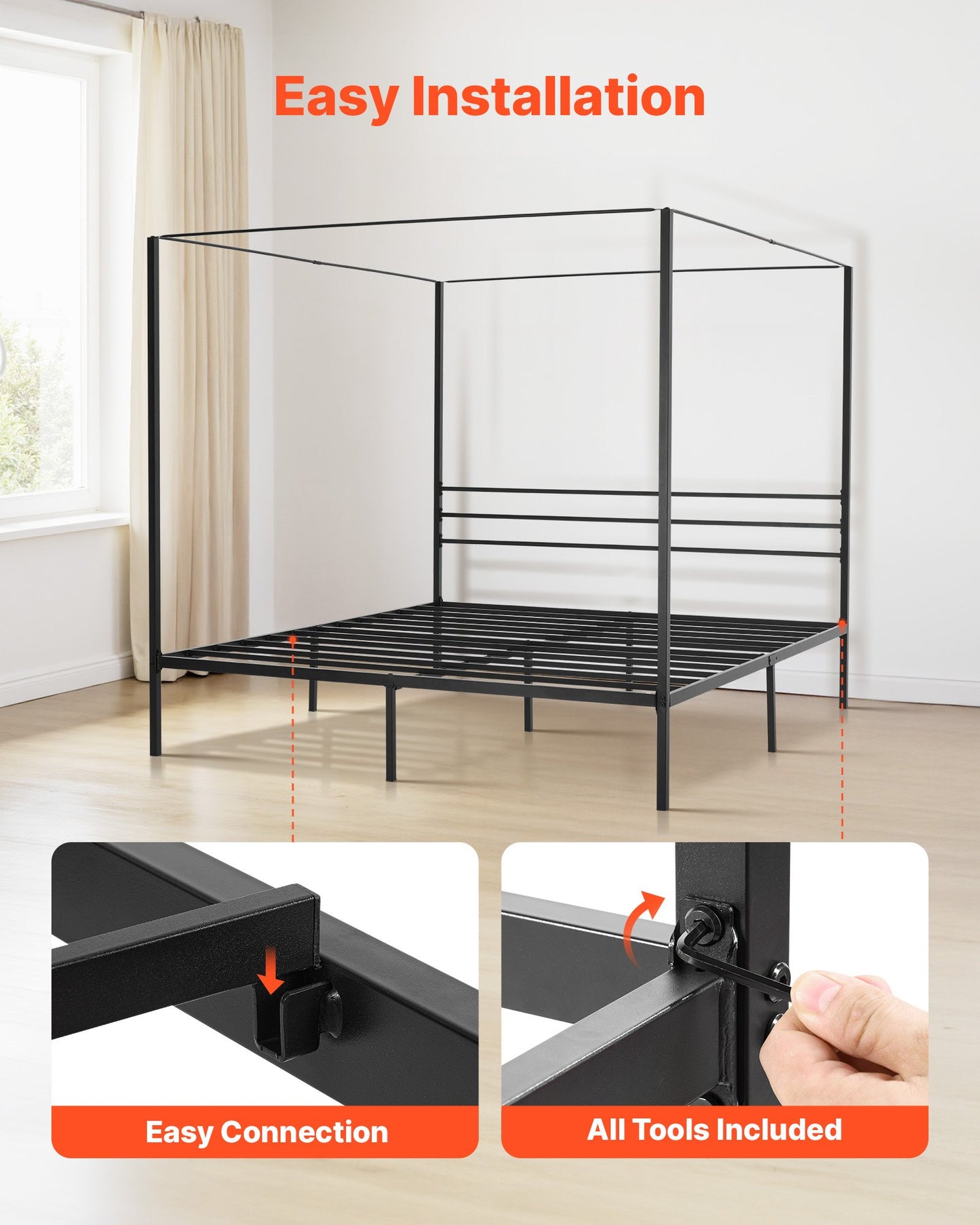 King size-himmelsängsram, metallhimmelsäng med himmelssängdesign, kraftiga stållameller, förvaringsutrymme under sängen, ingen boxmadrass behövs, enkel montering, svart