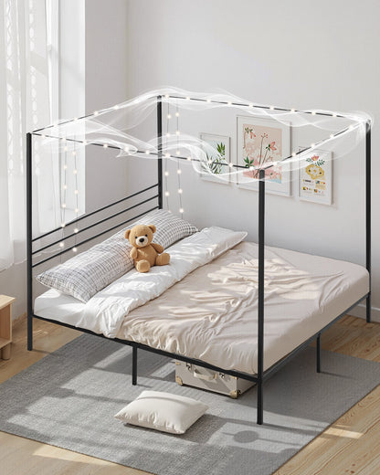 King size-himmelsängsram, metallhimmelsäng med himmelssängdesign, kraftiga stållameller, förvaringsutrymme under sängen, ingen boxmadrass behövs, enkel montering, svart