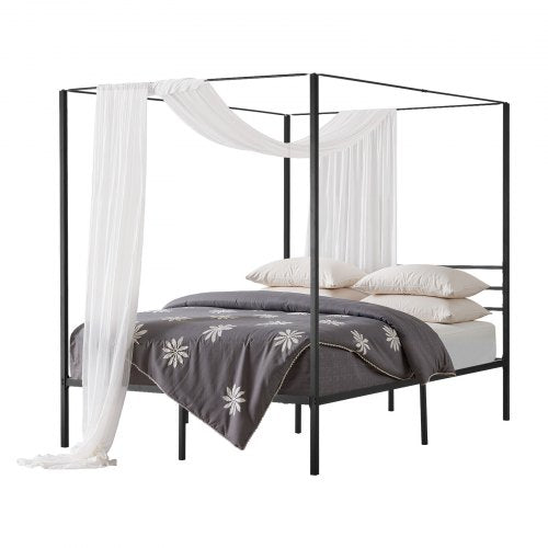 Queen size himmelssängram, metallhimmelsäng med himmelssängdesign, kraftiga stållameller, förvaringsutrymme under sängen, ingen boxmadrass behövs, enkel montering, svart
