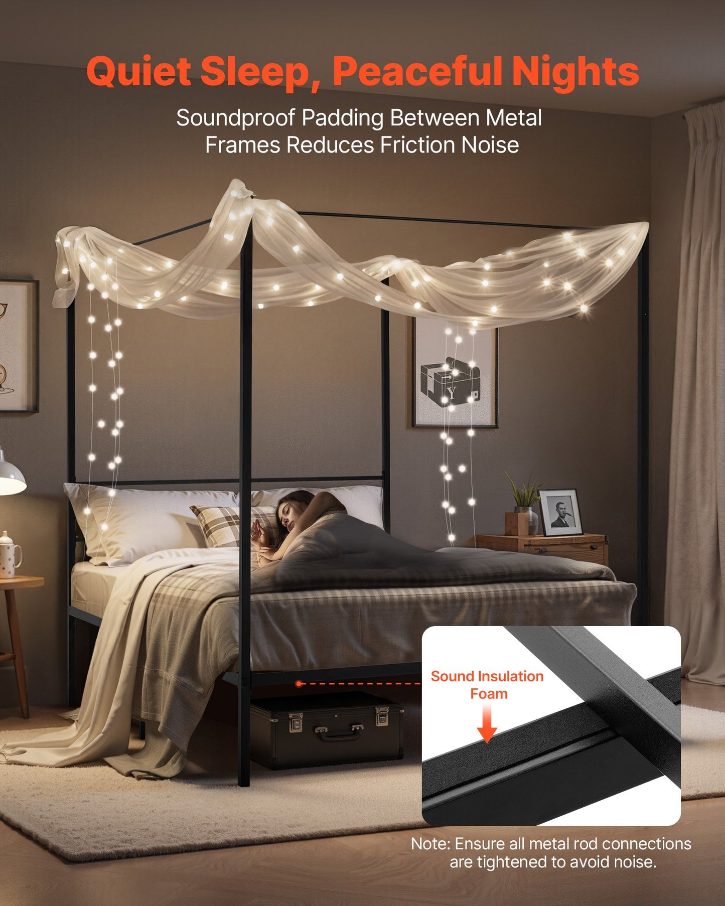 Queen size himmelssängram, metallhimmelsäng med himmelssängdesign, kraftiga stållameller, förvaringsutrymme under sängen, ingen boxmadrass behövs, enkel montering, svart