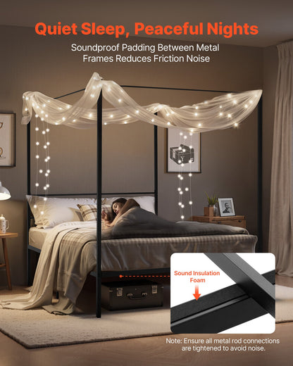 Queen size himmelssängram, metallhimmelsäng med himmelssängdesign, kraftiga stållameller, förvaringsutrymme under sängen, ingen boxmadrass behövs, enkel montering, svart