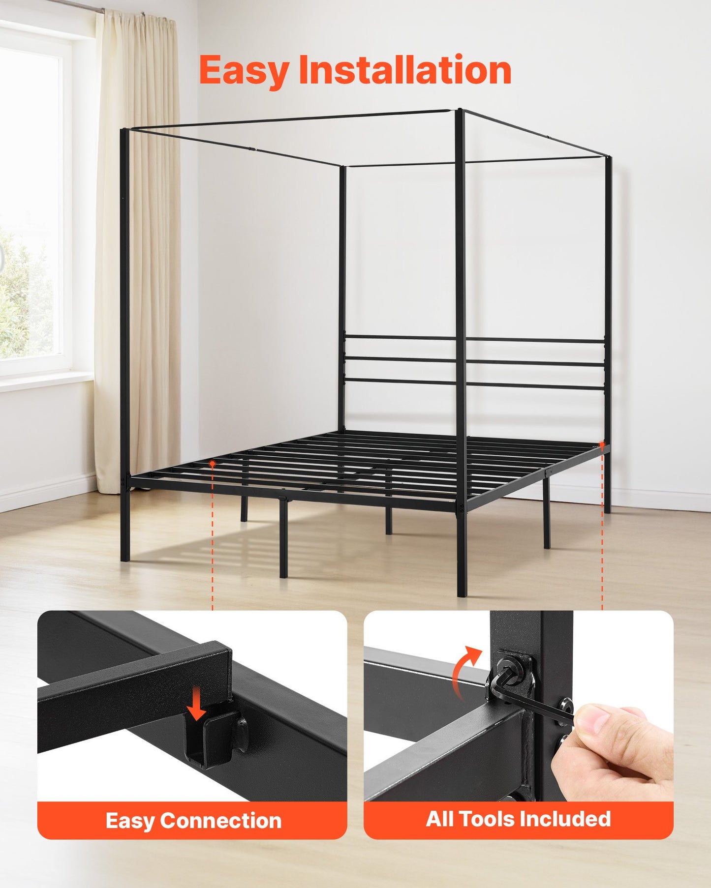 Queen size himmelssängram, metallhimmelsäng med himmelssängdesign, kraftiga stållameller, förvaringsutrymme under sängen, ingen boxmadrass behövs, enkel montering, svart