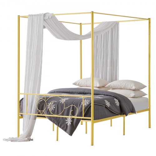 Fullstor himmelssängram, metallhimmelsäng med minimalistisk huvudgavel och himmelssängdesign, kraftiga stållameller, förvaringsutrymme under sängen, ingen boxmadrass behövs, enkel montering, guld