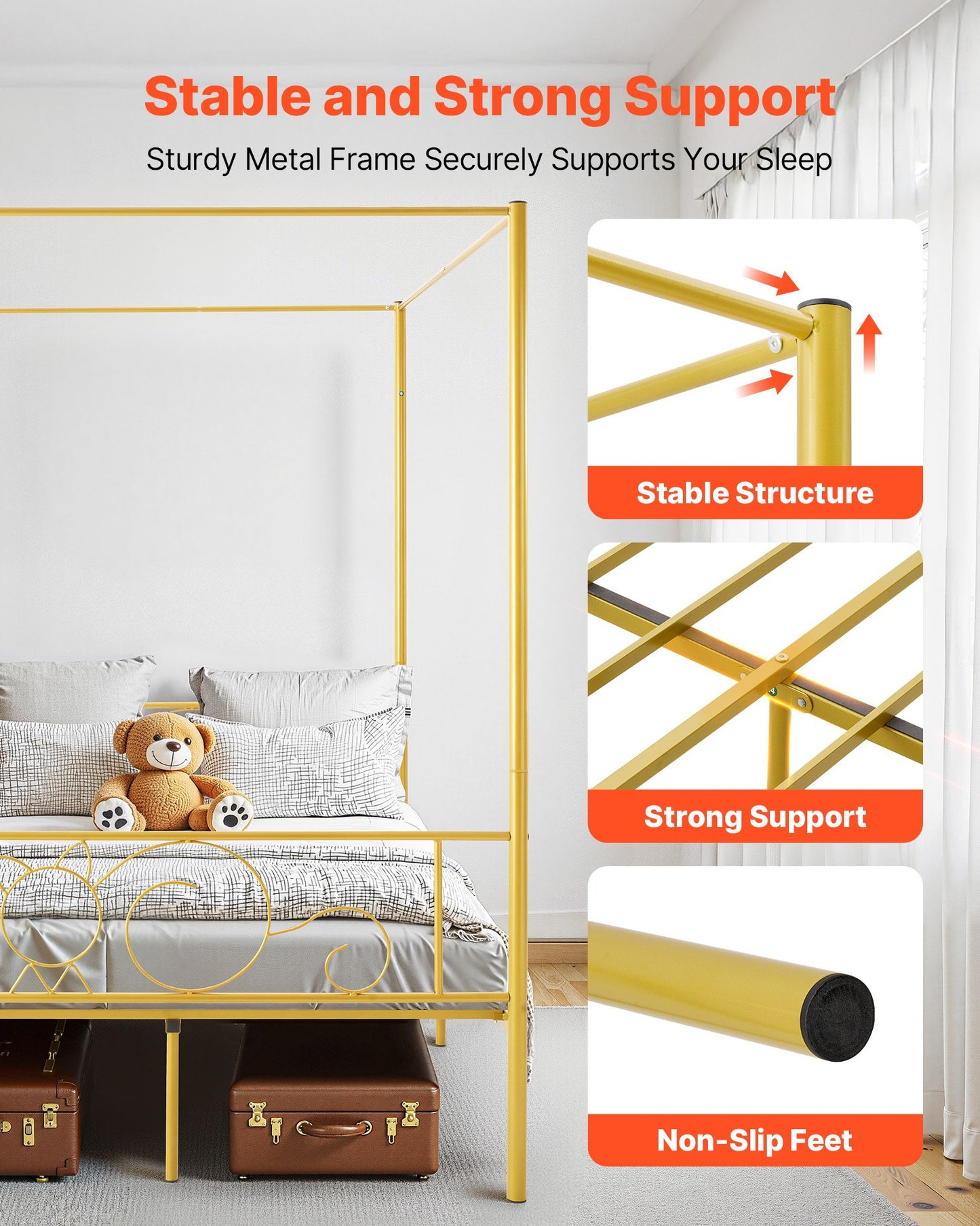Fullstor himmelssängram, metallhimmelsäng med minimalistisk huvudgavel och himmelssängdesign, kraftiga stållameller, förvaringsutrymme under sängen, ingen boxmadrass behövs, enkel montering, guld