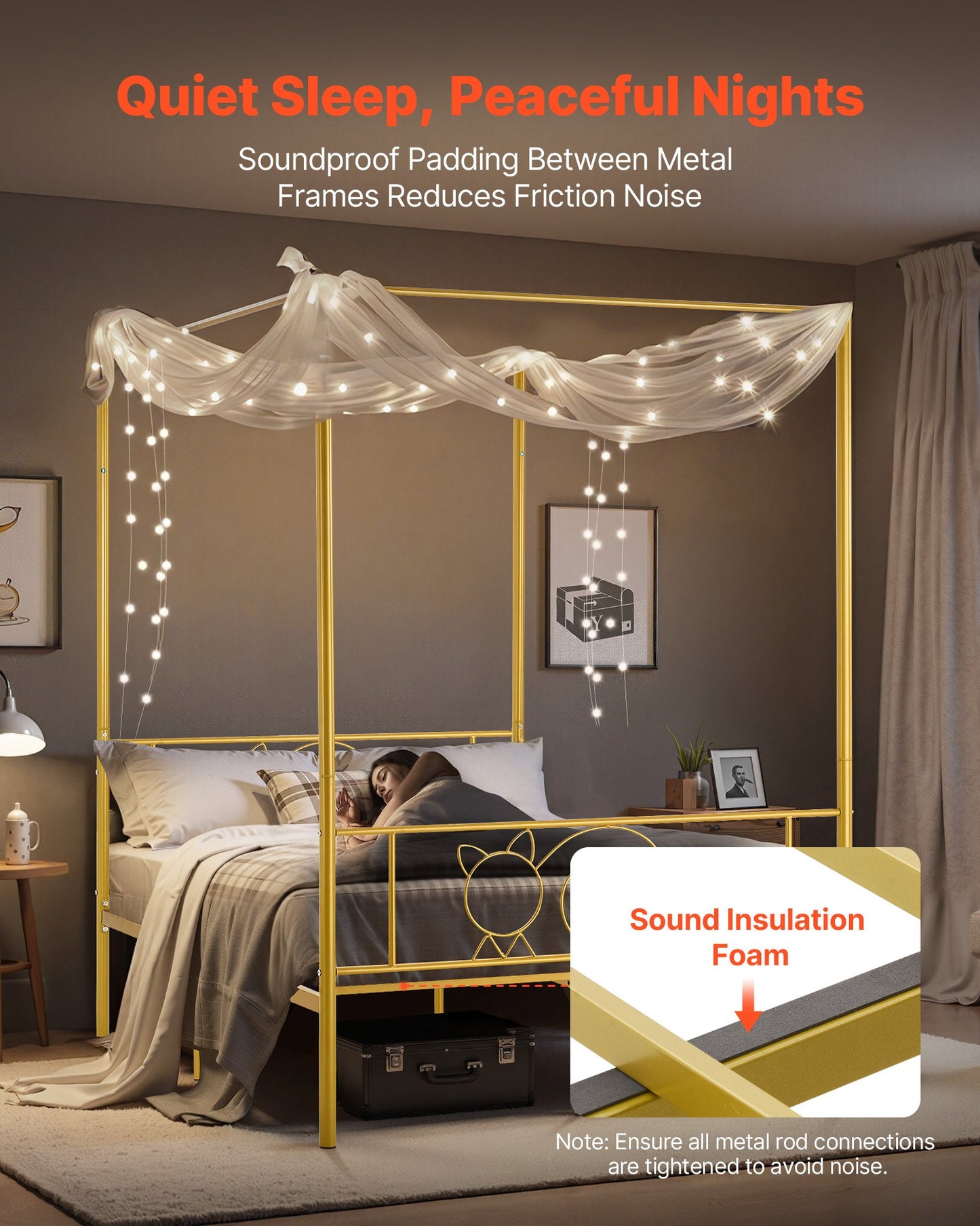 Fullstor himmelssängram, metallhimmelsäng med minimalistisk huvudgavel och himmelssängdesign, kraftiga stållameller, förvaringsutrymme under sängen, ingen boxmadrass behövs, enkel montering, guld