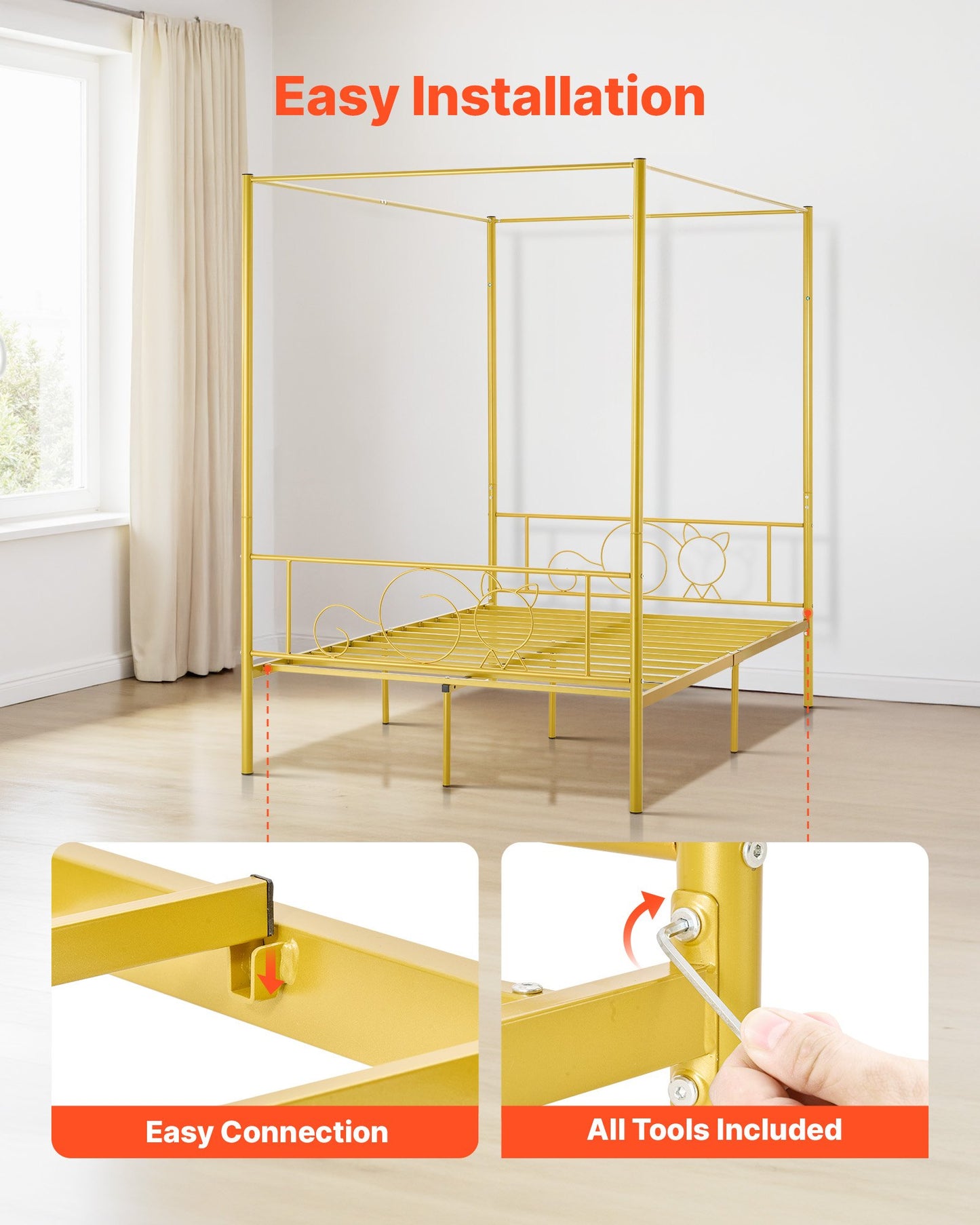 Fullstor himmelssängram, metallhimmelsäng med minimalistisk huvudgavel och himmelssängdesign, kraftiga stållameller, förvaringsutrymme under sängen, ingen boxmadrass behövs, enkel montering, guld