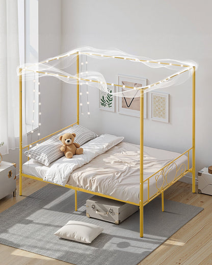 Fullstor himmelssängram, metallhimmelsäng med minimalistisk huvudgavel och himmelssängdesign, kraftiga stållameller, förvaringsutrymme under sängen, ingen boxmadrass behövs, enkel montering, guld