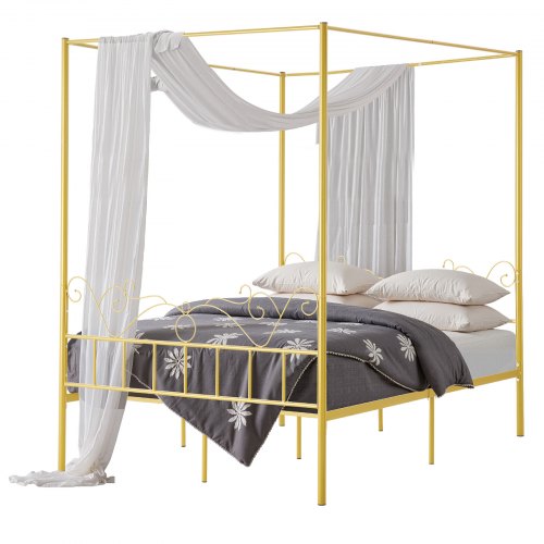 Queen size himmelssängram, metallhimmelsäng med minimalistisk huvudgavel och himmelssängdesign, kraftiga stålribbor, förvaringsutrymme under sängen, ingen boxmadrass behövs, enkel montering, guld