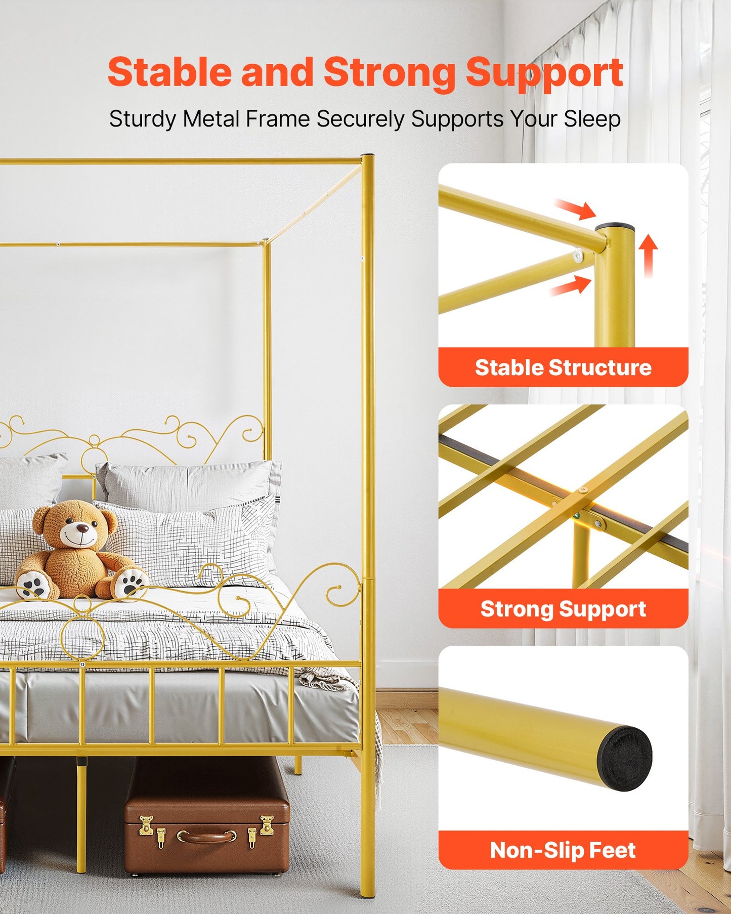 Queen size himmelssängram, metallhimmelsäng med minimalistisk huvudgavel och himmelssängdesign, kraftiga stålribbor, förvaringsutrymme under sängen, ingen boxmadrass behövs, enkel montering, guld