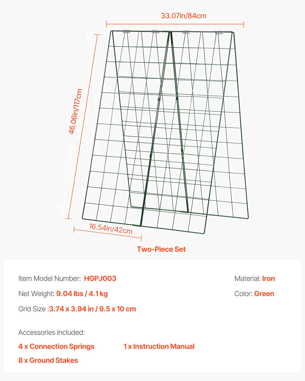 Gurkspaljé för klätterväxter, 122 x 81 cm hopfällbart gurkspaljéset med växtklämmor, metallträdgårdsspaljé för upphöjd odlingsbädd, stöd för utomhusväxter för tomat, squash och grönsaker