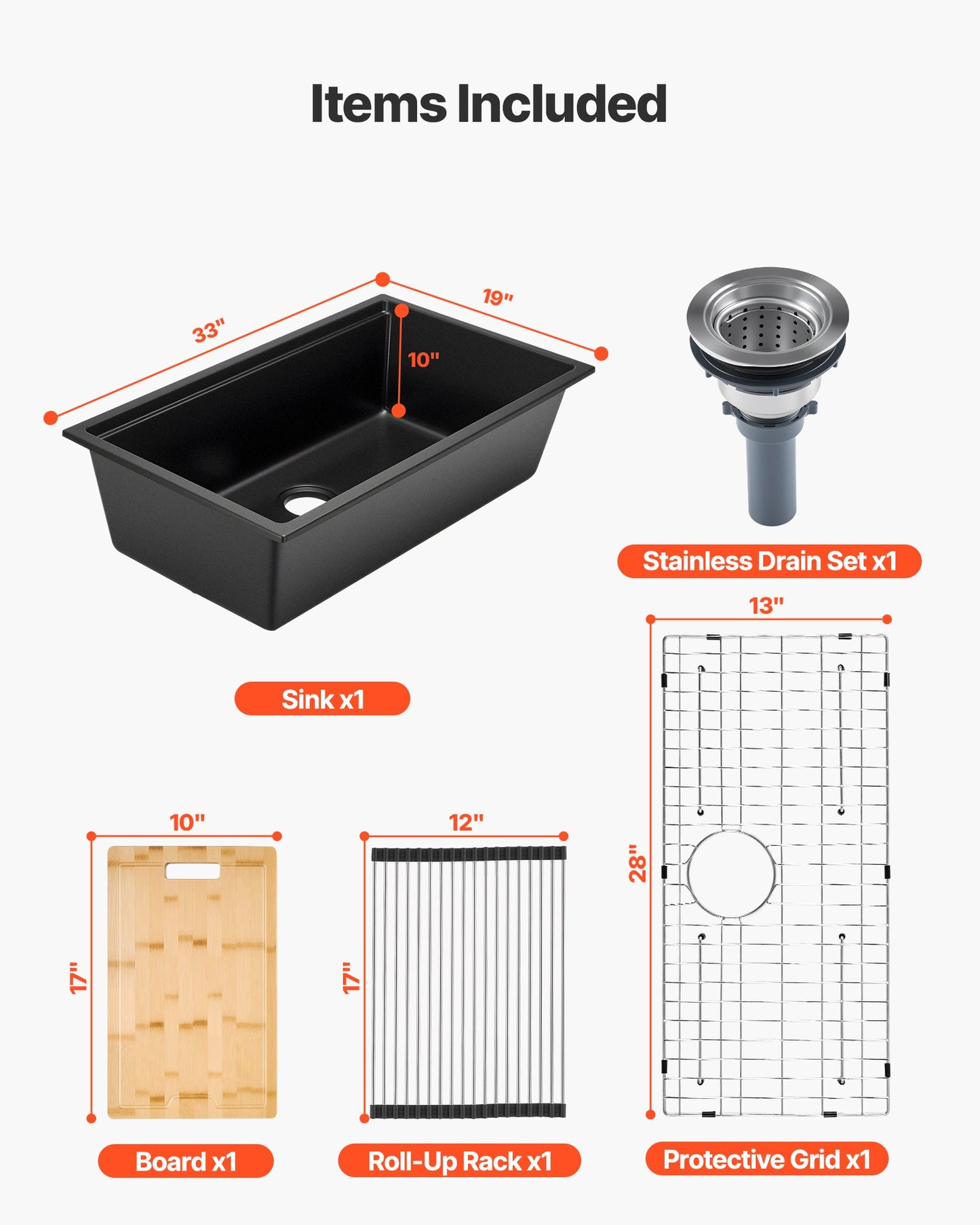 84 cm Kitchen Sink Workstation, Undermount Granite Sink, Drop-In Single Bowl Farmhouse Basin with Multiple Accessories, Household Dishwasher Sinks for RV, Prep Kitchen, and Bar (Black)