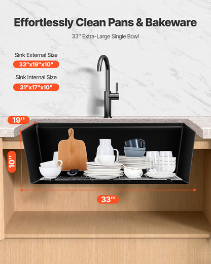 84 cm Kitchen Sink Workstation, Undermount Granite Sink, Drop-In Single Bowl Farmhouse Basin with Multiple Accessories, Household Dishwasher Sinks for RV, Prep Kitchen, and Bar (Black)