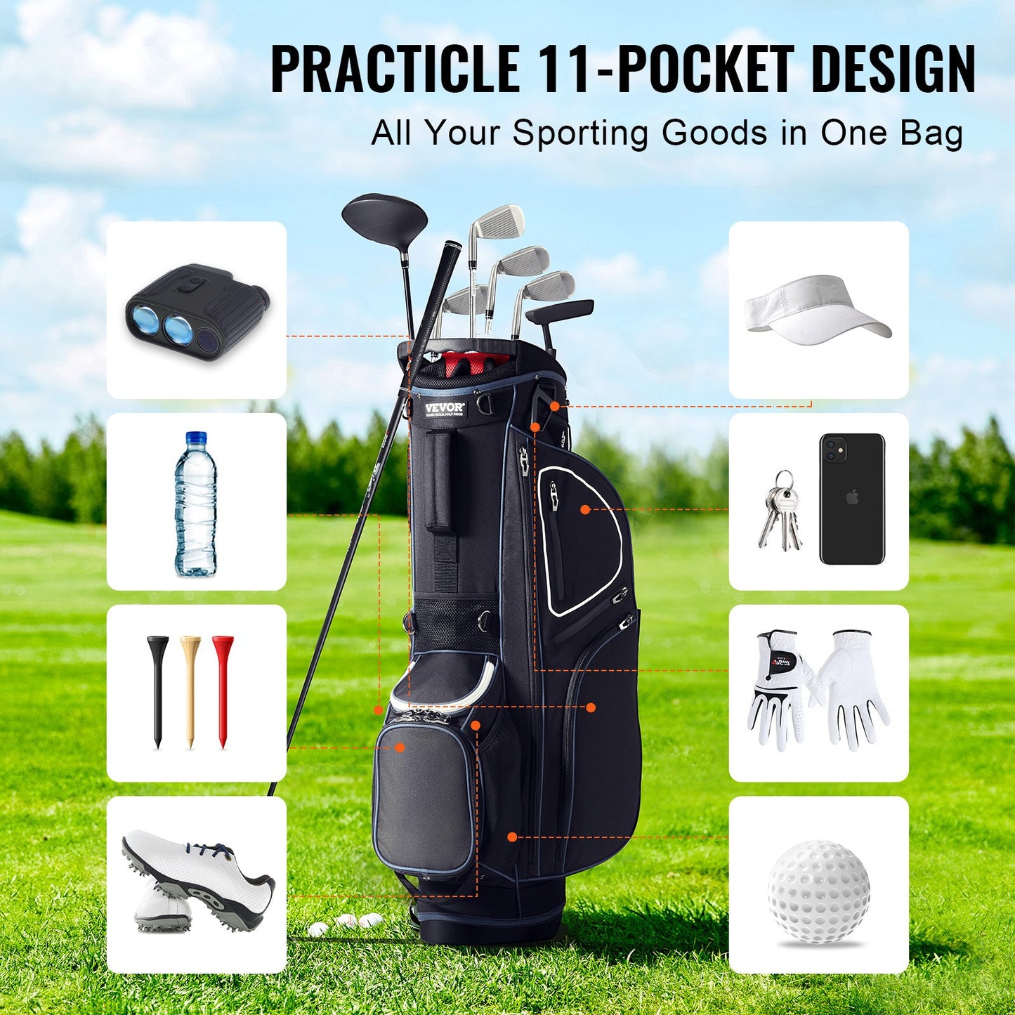 Golfvagnsväska med 14-vägs avdelare, 35” premiumvagnsväska med 11 fickor och stativ, slitstarka golfbagar med handtag, dammskydd och avtagbar dubbelrem för män och kvinnor, svartvit