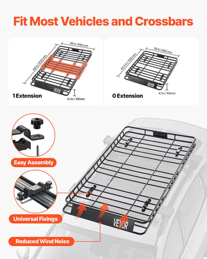 Takräckekorg, 64 x 39 x 4,1 tum, universell taklasthållare med 44,1 x 34,3 x 10,2 tum lastväska, nät, spärrremmar, maxlastkapacitet 250 lbs takbagagehållare, för SUV lastbil bil