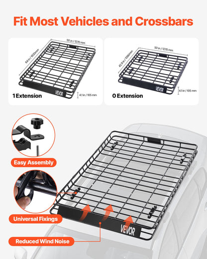 Takräckekorg, 64 x 50 x 4,1 tum, universell taklasthållare med två 35,4 x 39,4 tum lastnät, max 150 lbs takbagagehållare, 4,1 tum staket, rostskyddsstål, för SUV lastbil bil