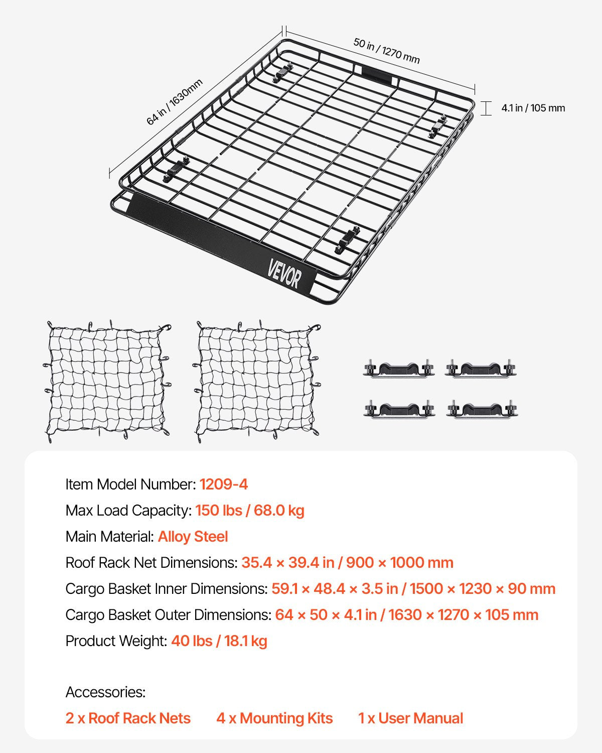 Takräckekorg, 64 x 50 x 4,1 tum, universell taklasthållare med två 35,4 x 39,4 tum lastnät, max 150 lbs takbagagehållare, 4,1 tum staket, rostskyddsstål, för SUV lastbil bil